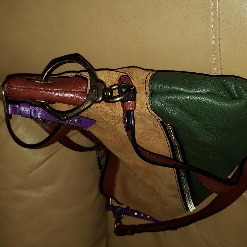 orYANY Suede and Leather Colorblock Satchel in Tan, Brown, and Green - Picture 10 of 13